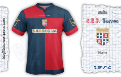 il disegno della maglia riprende quello dello stemma ma i colori sono invertiti per mantenere la tradizionale combinazione blu-rosso nella maggior parte della maglia
